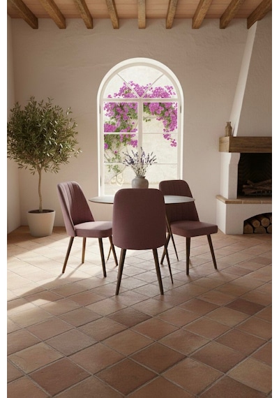 Nora 3 Adet Sandalye - Keten Kumaşlı Sandalye Modern Ahşap Ayaklı Yemek & Çalışma Sandalyesi Minimal Tasarım Pembe