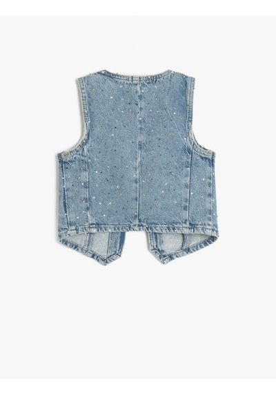Koton Yıldız Detaylı V Yaka Kolsuz Pamuklu Denim Yelek Lıght Indıgo 5skg20012ad Açık Mavi