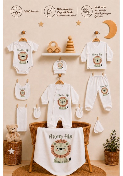 Pia Baby Erkek Bebek Hastane Çıkışı 10 Parça %100 Pamuk Kişiye Özel İsimli Organik Baskılı Set 1021100x Ekru