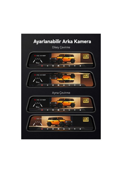 12" G840s 4k Ayna Dashcam, Ön & Arka Kamera, 5,8 Ghz Wifi, Ips Dokunmatik Ekran