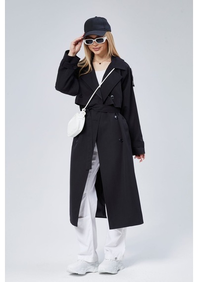 Oversize Kruvaze Kapama Rüzgarlık Detaylı Trençkot 44956 Siyah