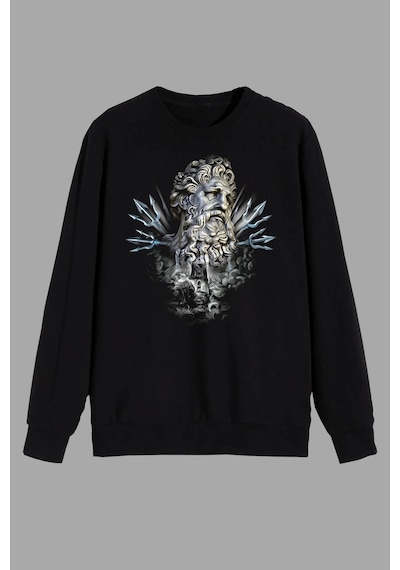 Startmore Mitoloji Denizler Tanrısı Poseidon Heykel Baskılı Siyah Unısex Sweatshirt Siyah