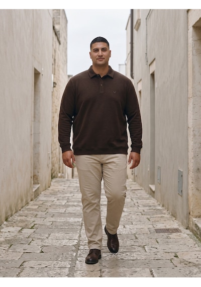 Maccali Erkek Kahverengi Büyük Beden Polo Yaka Battal Sweatshirt