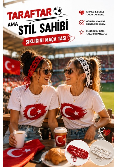 Türkiye Kadın Taraftar Bandanası El Örgüsü Kırmızı Beyaz Saç Bandı Milli Takım Kombini Ayarlanabilir İkili Set