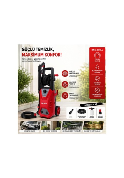 Proter Pr 2550 Cw Makaralı Köpüklü Basınçlı Oto Yıkama Makinesi 2100w 160 Bar