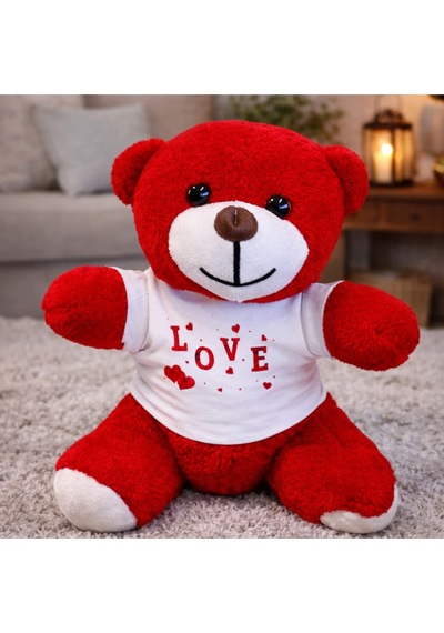 Love Tişörtlü Kırmızı Peluş Ayıcık Kırmızı