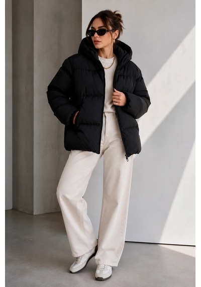 Bb Butik Basic Oversize Kapüşonlu Şişme Mont St3411 siyah