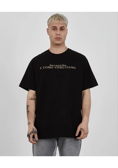 Erkek Bisiklet Yaka Tişort Baskılı Oversize Kısa Kol T-shirt - Siyah Siyah