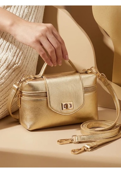 Gold Parlak Görünümlü Kilit Detaylı Mini Kadın El Ve Çapraz Askılı Çanta - Lisinya Altın