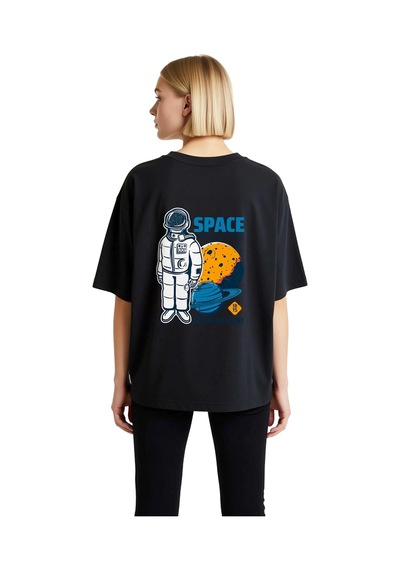 Paybuy Kadın Oversize Grafik Baskılı Tişört Uzay Teması Retro Astronot G Siyah