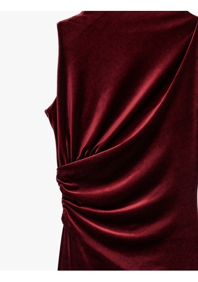 Koton Dik Yaka Slim Fit Kolsuz Drapeli Yırtmaç Detaylı Uzun Bodycon Kadife Elbise Bordo 6wak80091uk