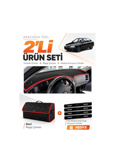 Hyundai Elantra 1997-2006 Uyumlu Torpido Örtüsü + Deri Bagaj Çantası + Sticker - Siyah Kırmızı