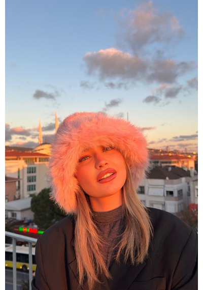Mollycrush Suni Kürklü Peluş Bucket Kalpak Şapka Luxury Kadın Pembe Rus Slav Tarzı Pembe