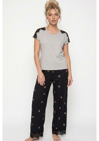 Siyah İnci Dantelli Viskon Örme Pijama Takım 8065 Açık Gri
