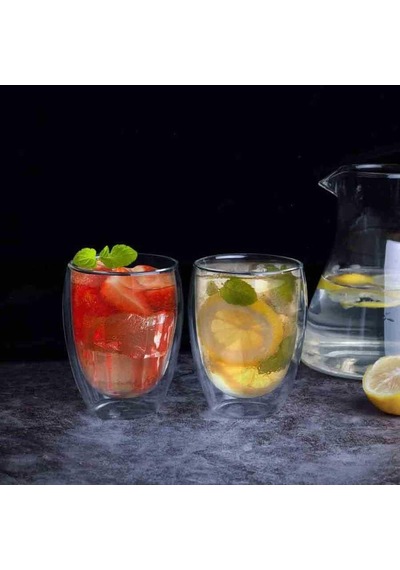 Çift Cidarlı Borosilikat Cam Kupa, Şeffaf, 350ml, Kulpsuz çok renkli