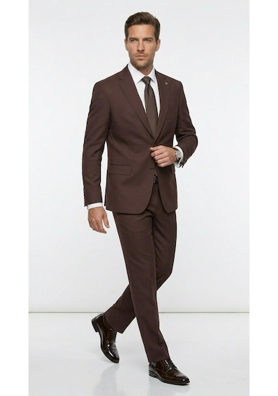 Tk 6893erkek Klasik 2 Li Takım Elbise 2 Düğmeli Slim Fit Esnek Kumaş Çift Yırtmaçlı 7 Drop Kahverengi