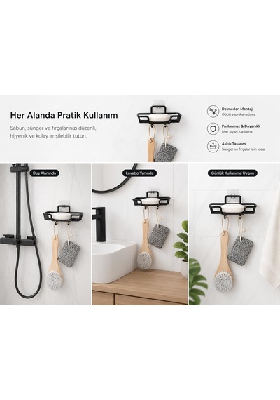 Alper Banyo Yapışkanlı Siyah Sabunluk Ve Lif Askılık, Delmeden Montajlı Banyo Sabun Rafı, Çift Askılı Mat Siya Diğer