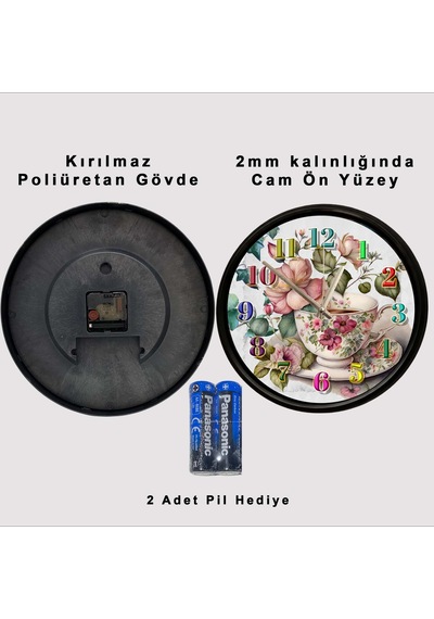 Çiçek Desenli Porselen Fincan Temalı Dekoratif Duvar Saati 28 Cm Sessiz Mekanizma Çok Renkli