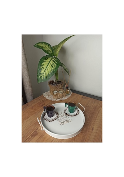 Metal Sunum Tepsi.çay Kahve Pasta Tatlı Servis 27 Cm Beyaz Hasır