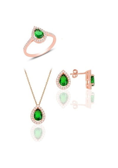 Gümüş Rose Kök Zümrüt Taşlı Damla Modeli Üçlü Set