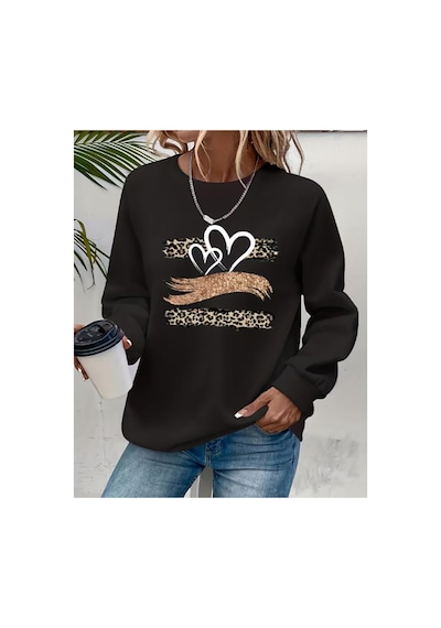 Herkesemoda Leopar Desen Detaylı Bisiklet Yaka Sweatshirt Siyah