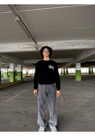 Minus Basic Stussy Beyaz Baskılı Siyah Günlük Sweatshirt SIYAH