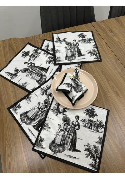 Toile De Jouy Paris Amerikan Servis 6 Lı Set 30x30 Cm %100 Pamuk Dijital Baskılı Klasik Fransız Tarzı Masa Dekoru - Zt720 Siyah
