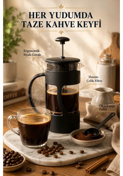 Borosilikat Cam French Press 350 ml – Mat Siyah Gövde