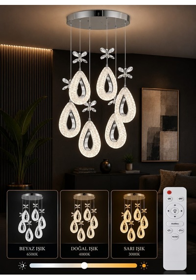 Yagmur Model 6'lı Krom 3 Renk Modu Ledli Modern Salon Mutfak Oturma Odası Led Avize Krom - Gümüş
