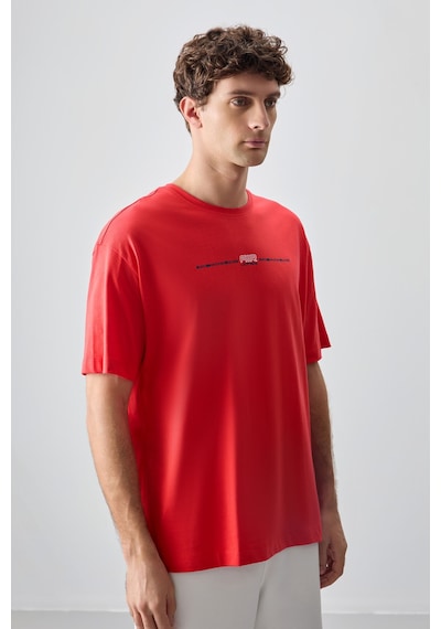 Air Jones Tommy Life Fiesta %100 Pamuk Kalın Yumuşak Dokulu Oversize Fit Baskılı Erkek T-shirt - 88357 Kirmizi