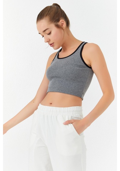 Tommy Life Gri Melanj Basic Sıfır Kol Dar Kalıp U Yaka Kadın Crop Top Atlet - 97162 Gri Melanj