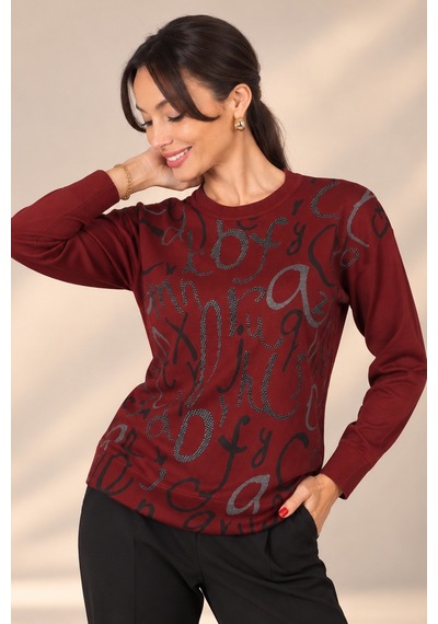 By Saygı Kadın Harf Desenli Uzun Kollu Triko Bluz Bordo