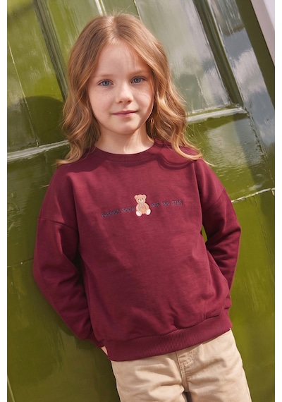 Fullamoda Ayıcık Baskılı Oversize Kız Çocuk Sweatshirt Bordo