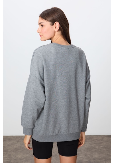 Tommy Life Gri Melanj Kompakt Pamuklu Kalın Pürüzsüz Dokulu O Yaka Oversize Fit Kadın Sweatshirt - 97288 Gri Melanj