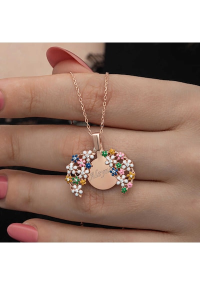 Gümüş Rose Renkli Çiçek Kişiye Özel Kadın Kolye Rose