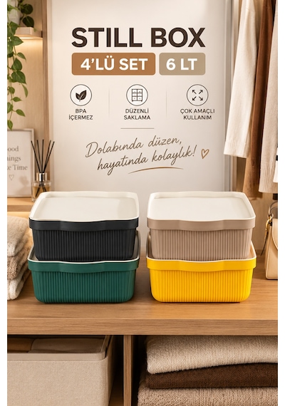 Porsima 4517 Mix Still Box 4'lü Kapaklı Saklama Kabı Seti 6 Lt Mutfak, Buzdolabı & Dolap İçi Düzenleyici Kutu Çok Renkli