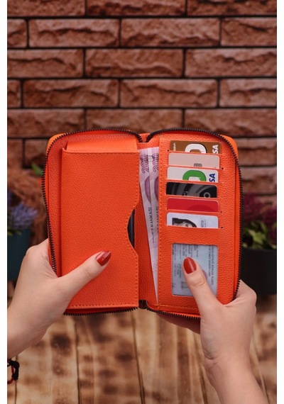 Ozka Leather Collection Telefon Bölmeli Unisex Deri Uzun Kartlık Cüzdan Portföy Turuncu