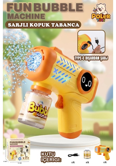 Şarjlı Baloncuk Tabancası Işıklı Otomatik Köpük Balon Makinesi Bubble Gun Sarı
