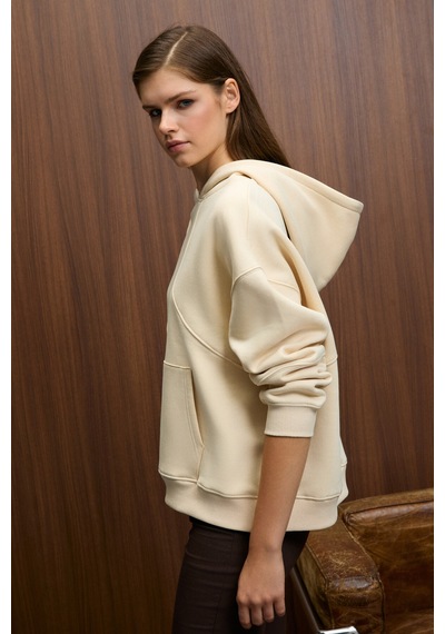 ETHIQUET E YRA Kadın Oversize Dikiş Detaylı Kapüşonlu Vizon Sweatshirt