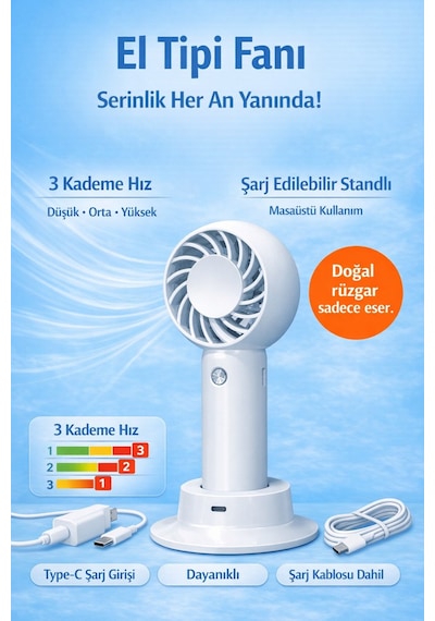 Jasper Sr-0034 Beyaz Taşınabilir Standlı Serinletici Fan 3 Hız Ayarlı , Typ-c Şarjlı Fan Masaüstü Fan Vantilatör 2w-5v/1