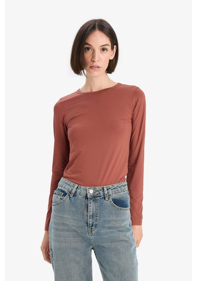 Defacto Slim Fit Dar Kesim Bisiklet Yaka Basic Düz Uzun Kollu Tişört D3756ax25aubr228 Bordo