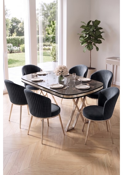 Nisare Serisi 90x168 Lak Panel Siyah Mermer Desen Masa Takımı Krom Ayaklı 6 Sandalye Siyah Mermer - Antrasit Nisare Serisi 90x168 Lak Panel Siyah Mermer Desen Masa Takımı Krom Ayaklı 6 Sandalye Siyah Mermer - Antrasit