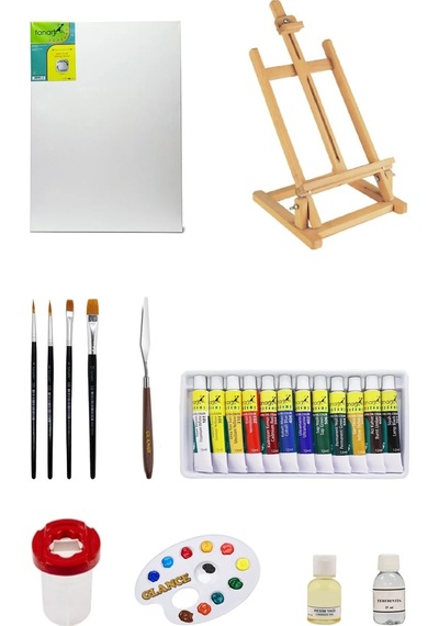 Masaüstü Şövale Fanart Academy Yağlı Boya Seti 12x12ml 35x50 Tuval Başlangıç Seti