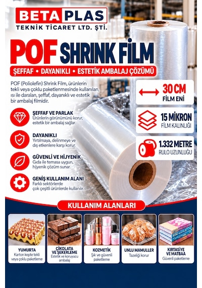 Betaplas POF(POLYOLEFİN) Shrink Film 30 cm x 15 Mikron- 1.332 Metre-Çift Katlı