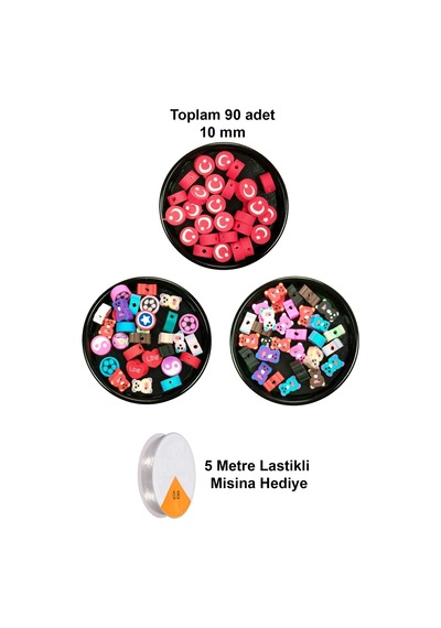 90 Adet 10 Mm Polimer Kil Fimo Boncuk Takı Bileklik + 5 Metre Misina Hediye - Karışık - Bayrak - Ayıcık