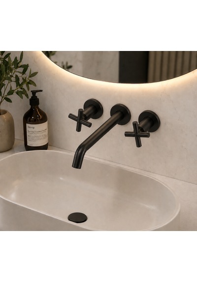 Siyah Ankastre Banyo Lavabo Bataryası Duvara Monte