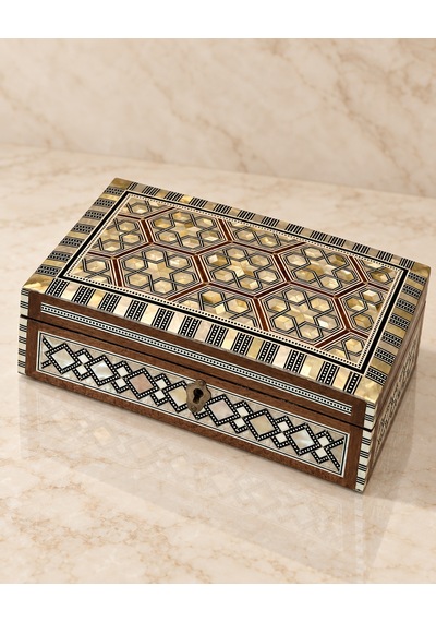 Geometrik Desenli Dikdörtgen Kilitli Ahşap Sandık Kutu Renkli