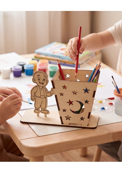 6 Parça Kendin Yap Keloğlan Figürlü Ahşap Kalemlik