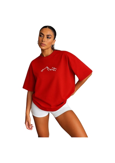 Dağ Baskılı Kadın Oversize Unisex Tişört Kirmizi