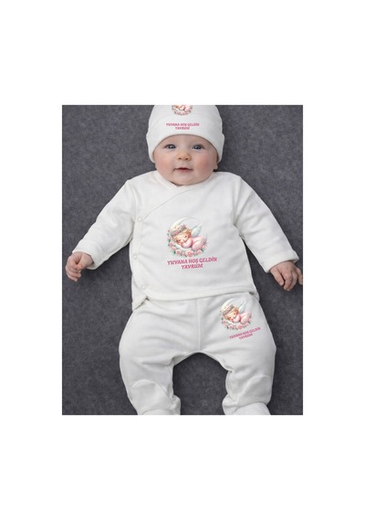 Lupi Hoş Geldin Yazılı Bebek Alt Üst Takım Ekru